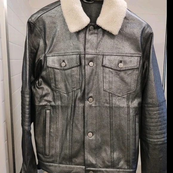 Michael Kors Metallic Gray JacketWhite Sherpa Removable Collar.Size L